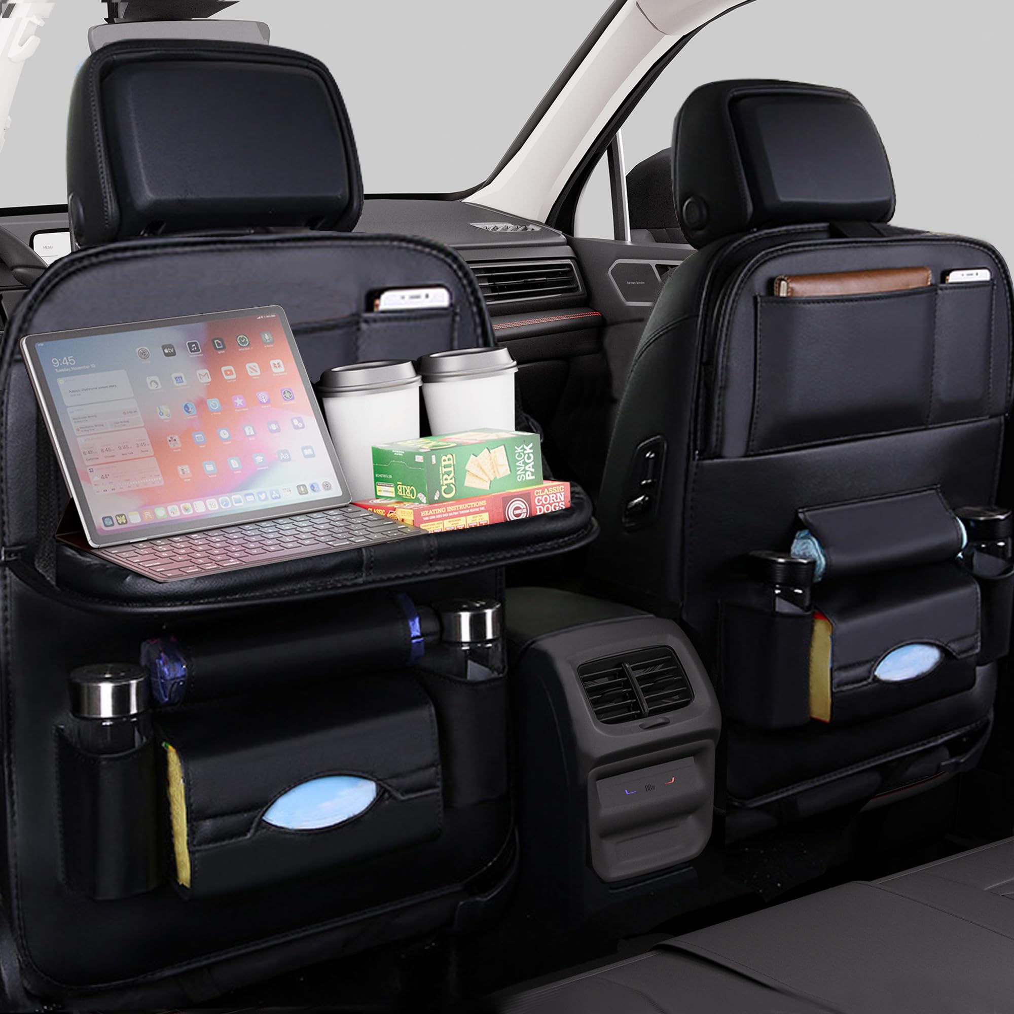 

rloao Набор из 2 карманов на спинку сиденья автомобиля со столиком и местом для хранения, недавно обновленный кожаный органайзер для хранения на спинку заднего сиденья с защитой от пинков и скрытым складным двойным легким автомобилем чёрный