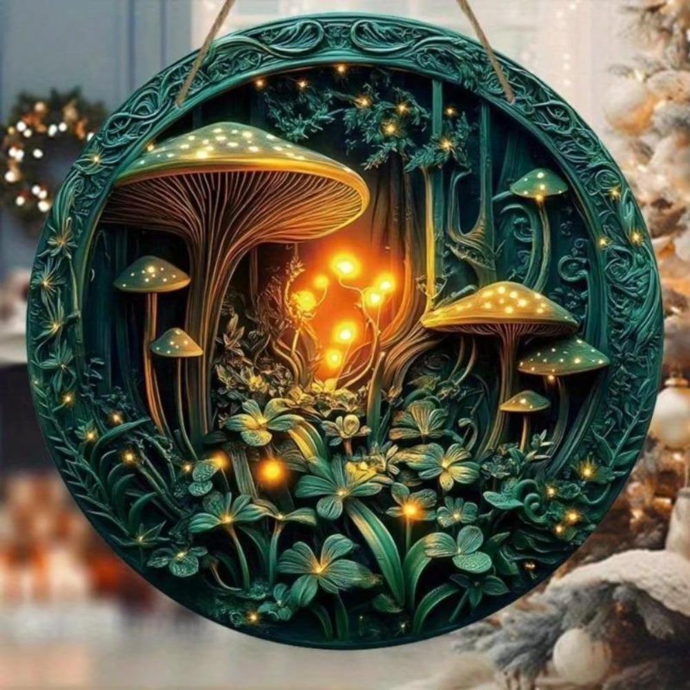 Metal Wall Art Forest Mushroom Pattern Round 2D Decor Dream Design