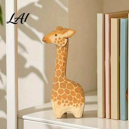 Natural Style Animal Ornaments Wooden Giraffe Figurine Cute Cartoon Ornament Minimalist Hand Carved Sculptures Statue Hand-Painted Decor