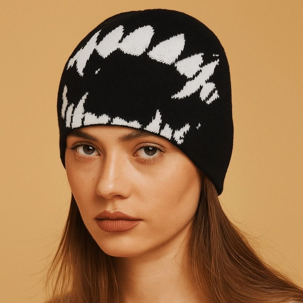 Streetwear Jacquard Woolen Hat Halloween Black White Pullover Cap Y2K Knitted Hat Outdoor