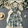 Holiday Style Print Suspender Skirt Women's Summer New Waist and Thin French Chiffon Floral Dress