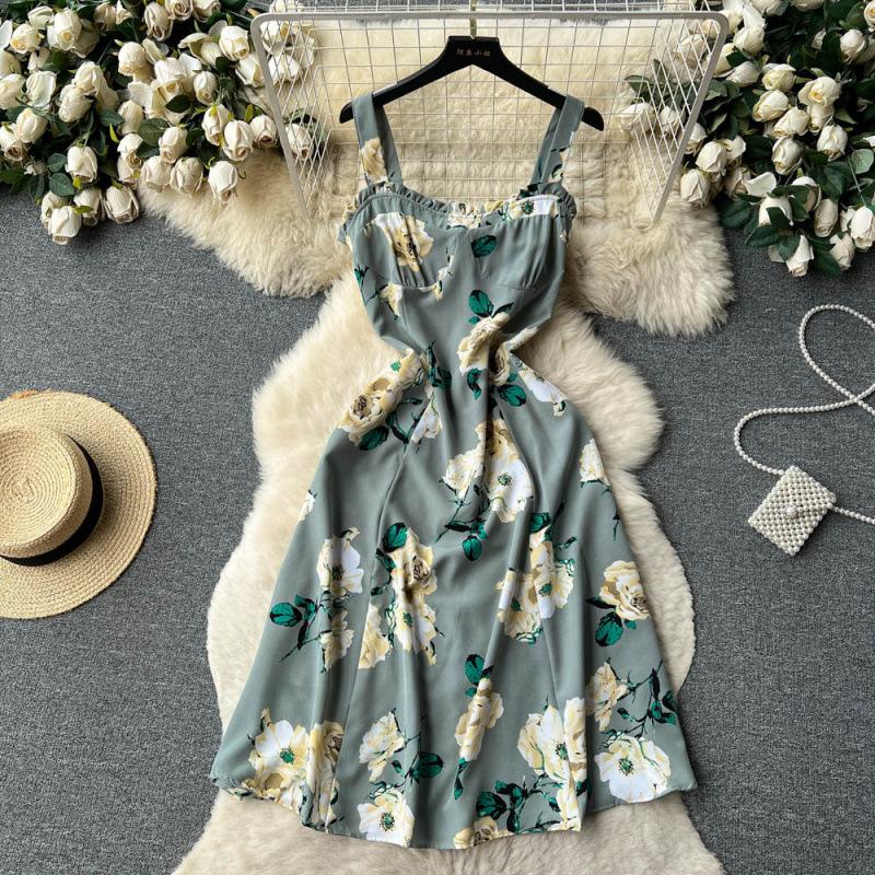 Holiday Style Print Suspender Skirt Women's Summer New Waist and Thin French Chiffon Floral Dress