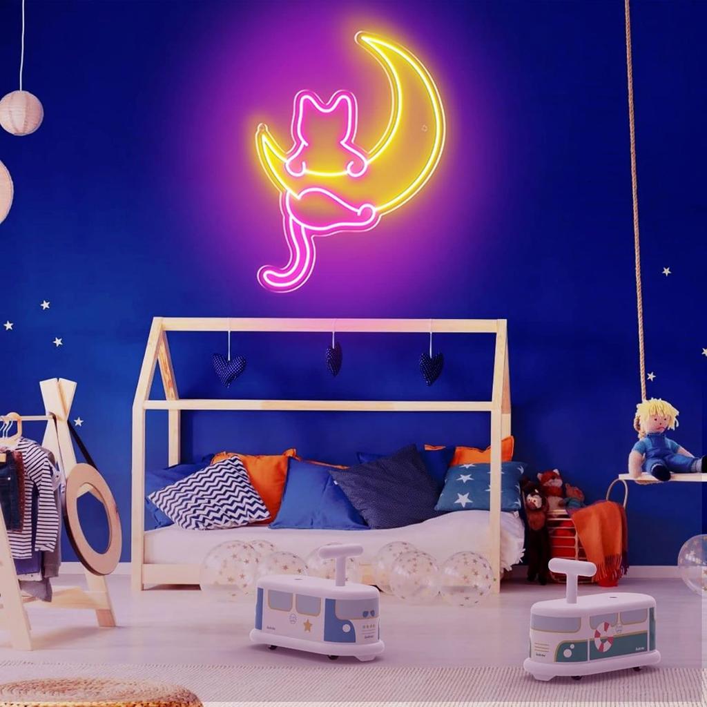 Anime Cat & Moon Neon Sign, Personalized Neon Signs for Wall Decor, LED Night Lights Home Decor Lights Backdrop LED Light up Signs for Game Room Sign
