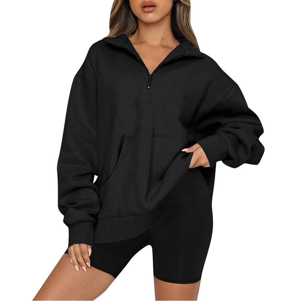 

European and American Women s 2026 Autumn/Winter Pocket Half-Zip Long Sleeve Pullover Hoodie Sweatshirt 3XL