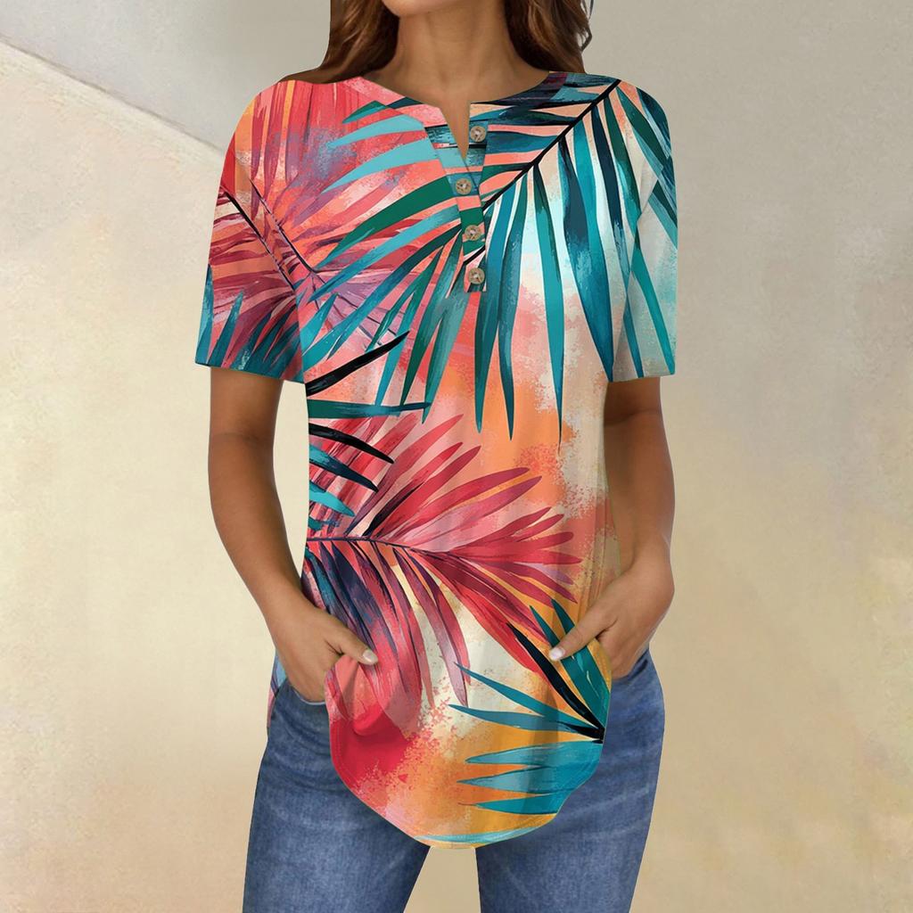 Dámské topy s krátkým rukávem, letní trička, květinový potisk, výstřih do V, ležérní základní trička s knoflíky, tuniky