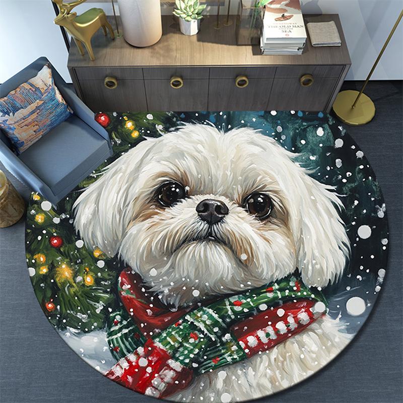 Winter Dog Round Area Rug,Carpet Rug for Living Room Bedroom Sofa Playroom Decor,Non-slip Floor Mat