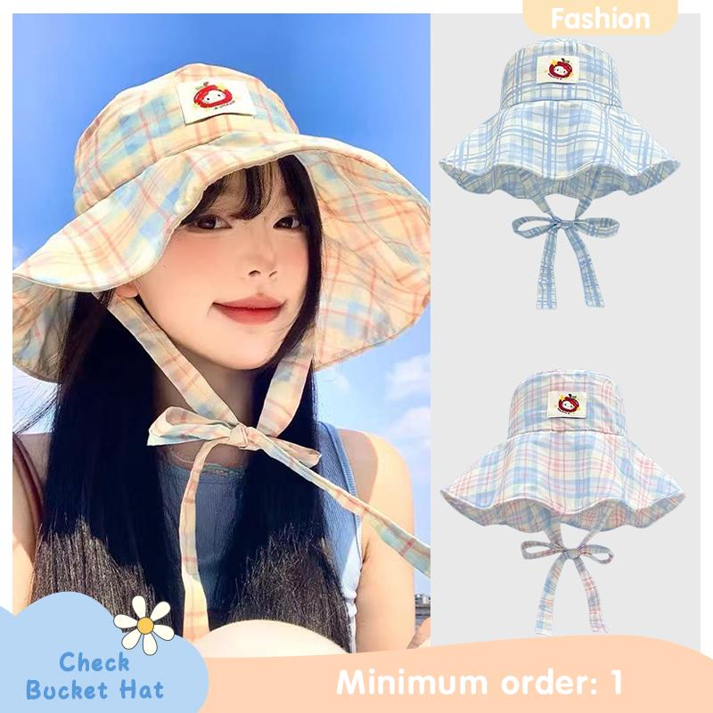 Summer Cute Plaid Strap Fisherman Hat For Women With Uv Protection And Large Brim Outdoor Mountaineering Sun Protection Sun Hat