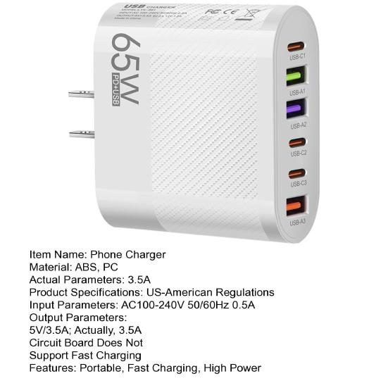 3.5A 65W Phone Charger Head 3USB 3Type-C Fast Charging High Power Universal US Plug Travel Wall Charger Adapter