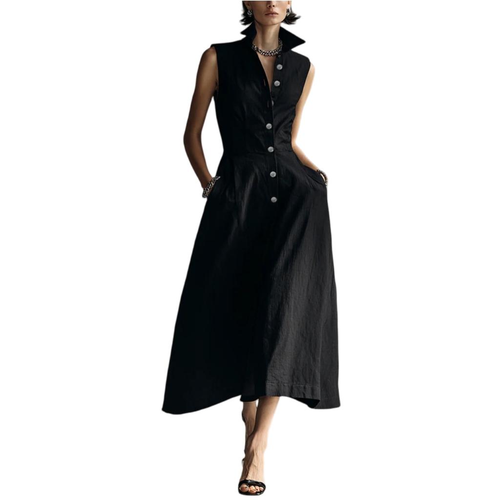 Sleeveless Button Down Maxi Dress with Collared Neck and Flared Hem for Women Elegant A Line Shirt Dress Summer Wear