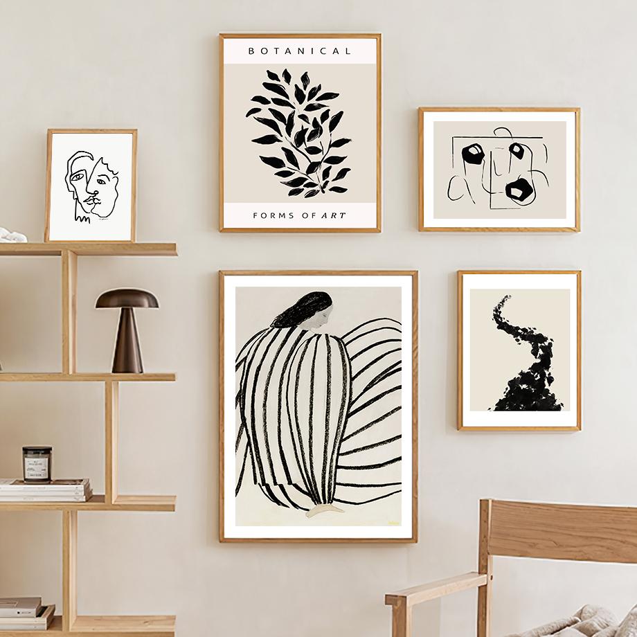 Modern Black Striped Girl Leaves Abstract Posters Prints Modern Minimalist Wall Art Canvas Painting Home Living Room Decoration