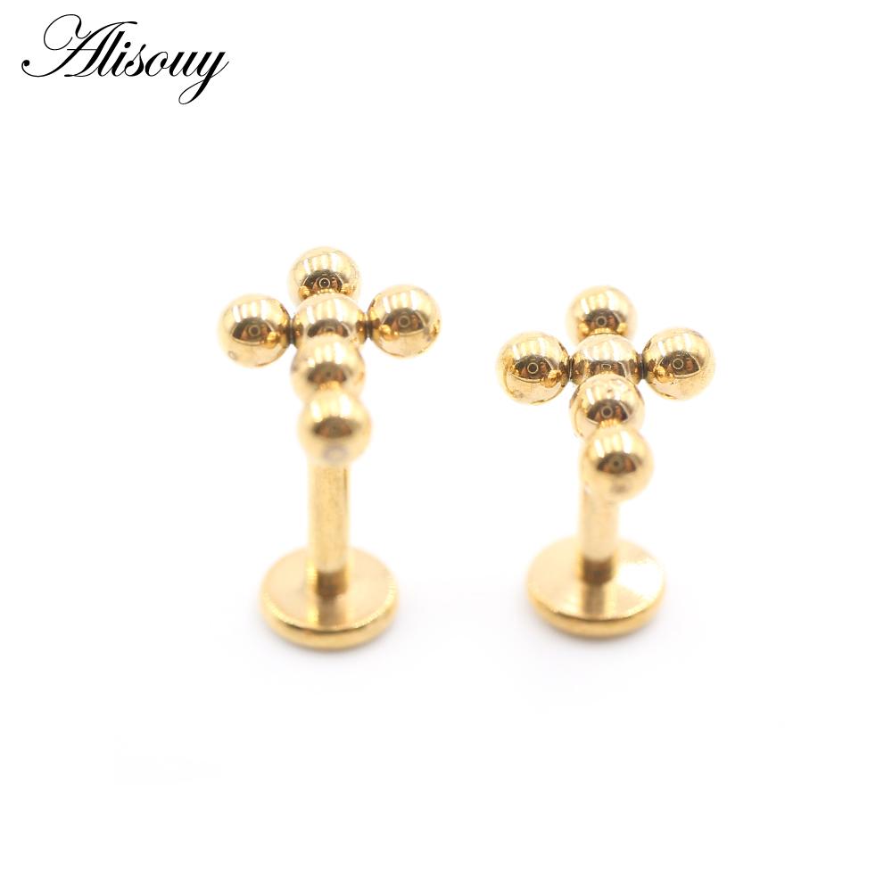 Alisouy 1PC Stainless Steel Cross Ball Threaded Ear Tragus Helix Labret Lip Rings Cartilage Stud Earrings Piercing Body Jewelry