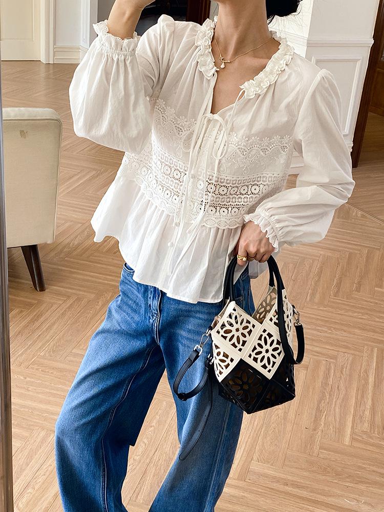 Autumn Lace Long Sleeve White Shirt - European & American Style Women's Top