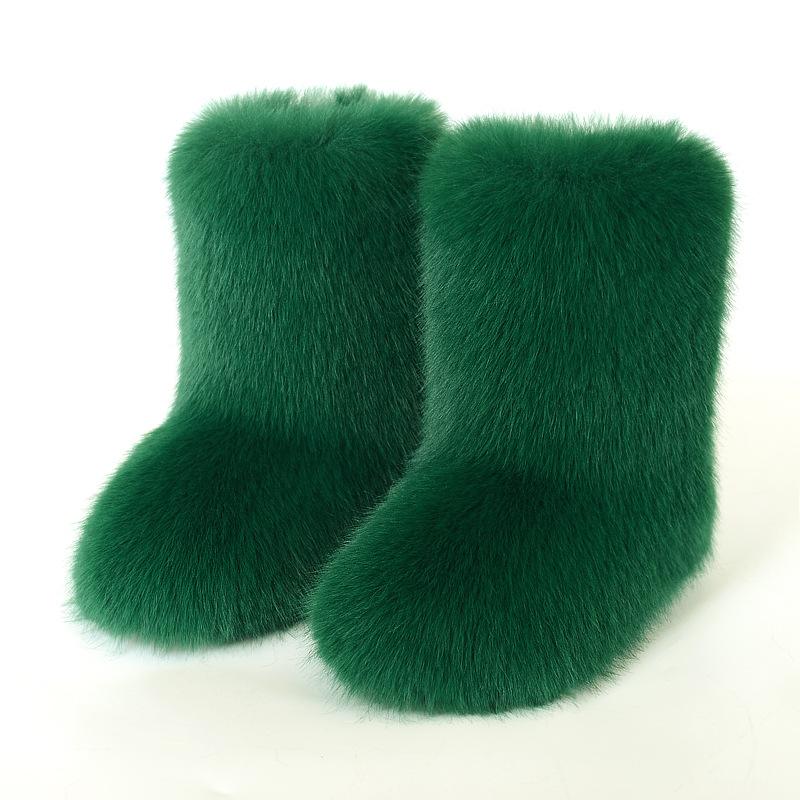 Mao Mao Stiefel Damen Warm Rutschfest Imitation Fuchs Mittelhoher Schaft Imitation Waschbärfell Winter Schneestiefel