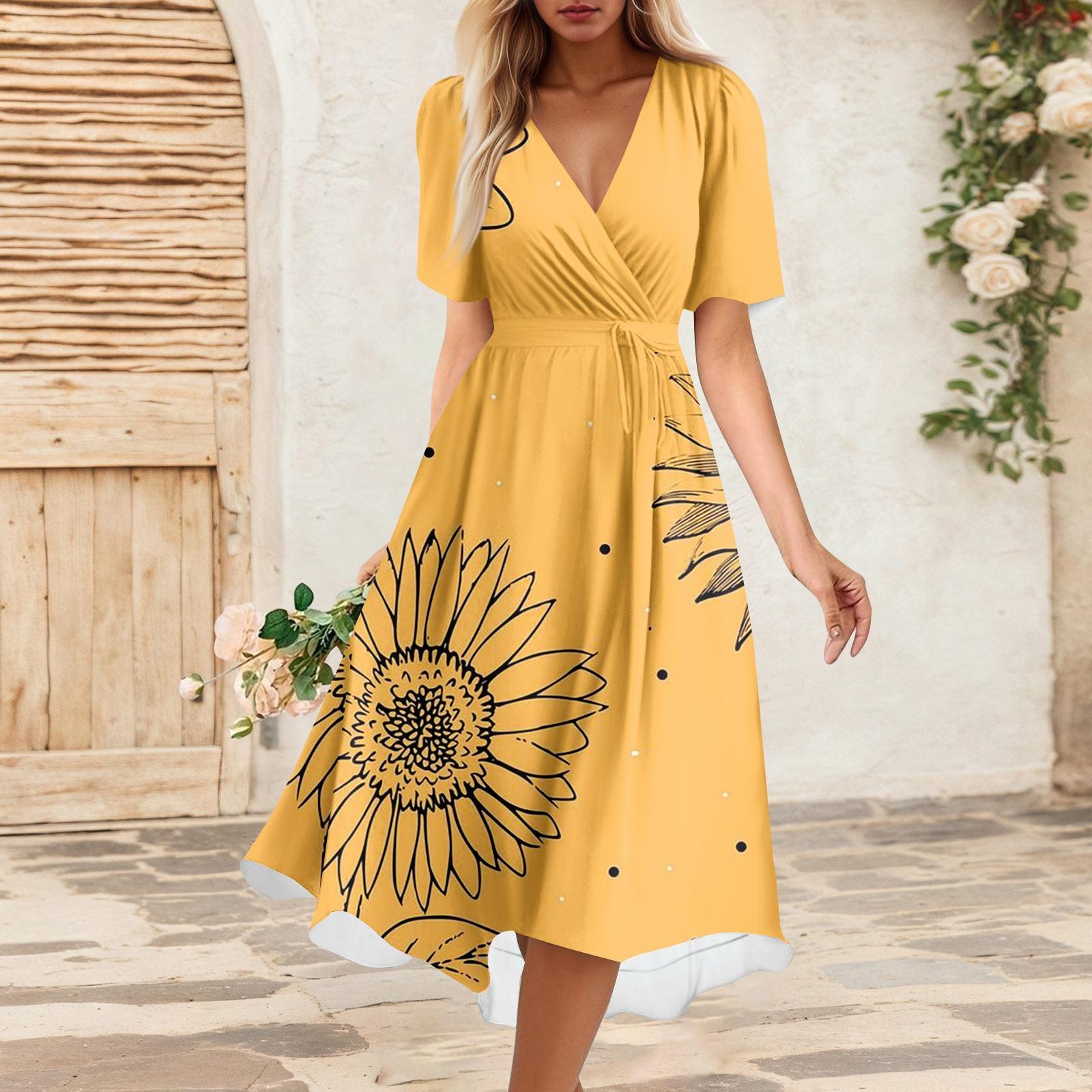 

Женское летнее свободное платье с V-образным вырезом и коротким рукавом, элегантное платье XL жёлтый