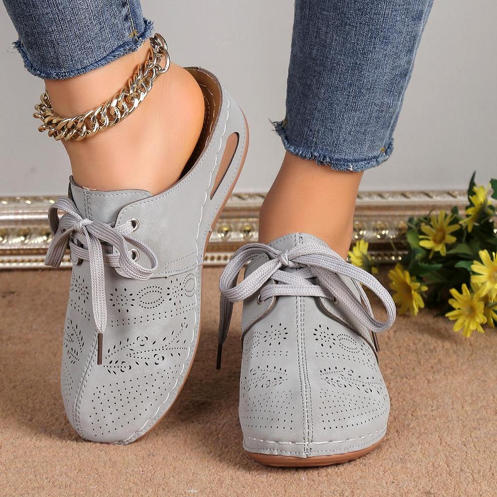 Women's Wedge Heel Half Slippers Lace Up Pattern Hollow Headed  European and American Style Oversized Hollow Slippers