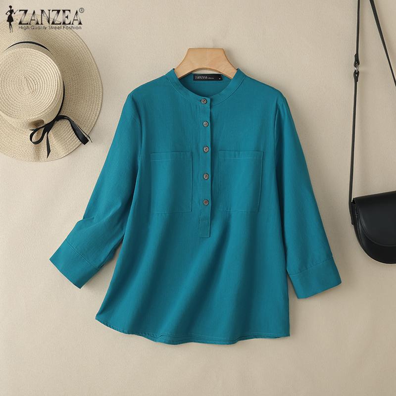 ZANZEA Blusa de Algodón Casual de Mujer con Cuello en V Suelta Manga 3/4