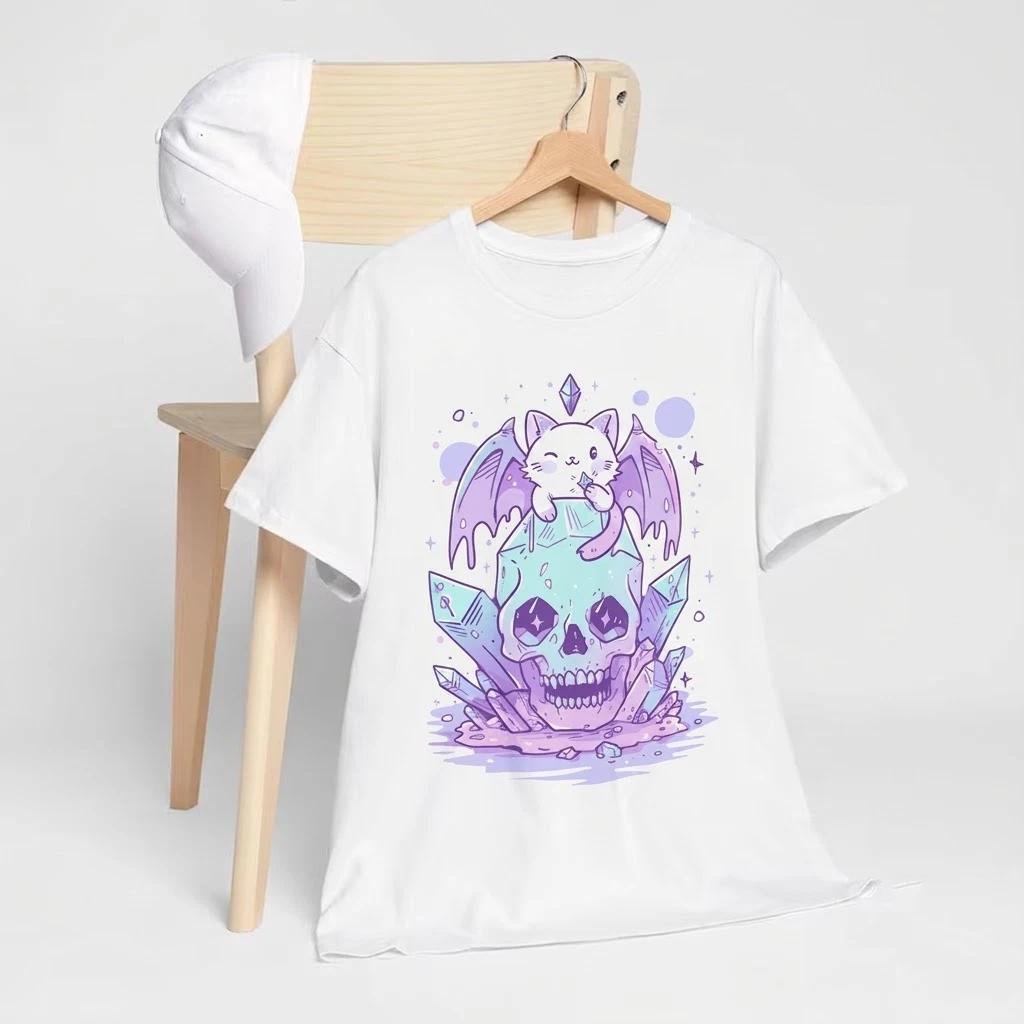Skull Cat Kawaii Harajuku Goth Style White T Shirt, Gift For Fans M