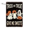 Distressed Metal Signage Retro Halloween Wall Sign, Pumpkin Ghost Bathroom American Style Decor Art Witch Cat Festival Sign for Bar Home Room