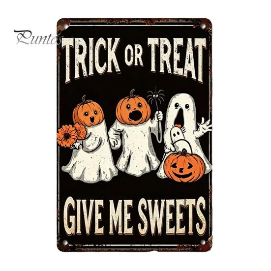 Distressed Metal Signage Retro Halloween Wall Sign, Pumpkin Ghost Bathroom American Style Decor Art Witch Cat Festival Sign for Bar Home Room