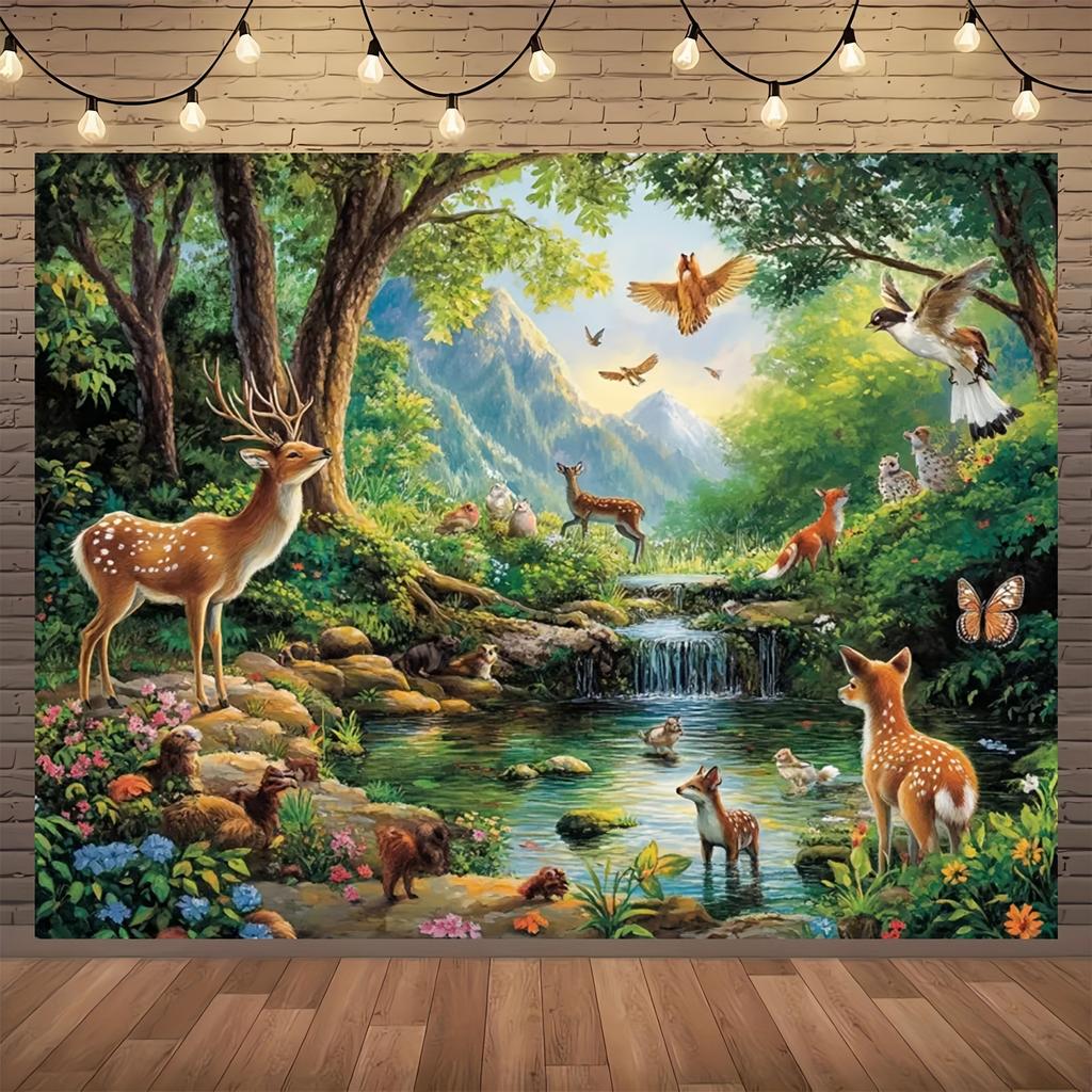 2D plane 1 piece of forest scene background cloth - deer foxes and birds suitable for all occasions