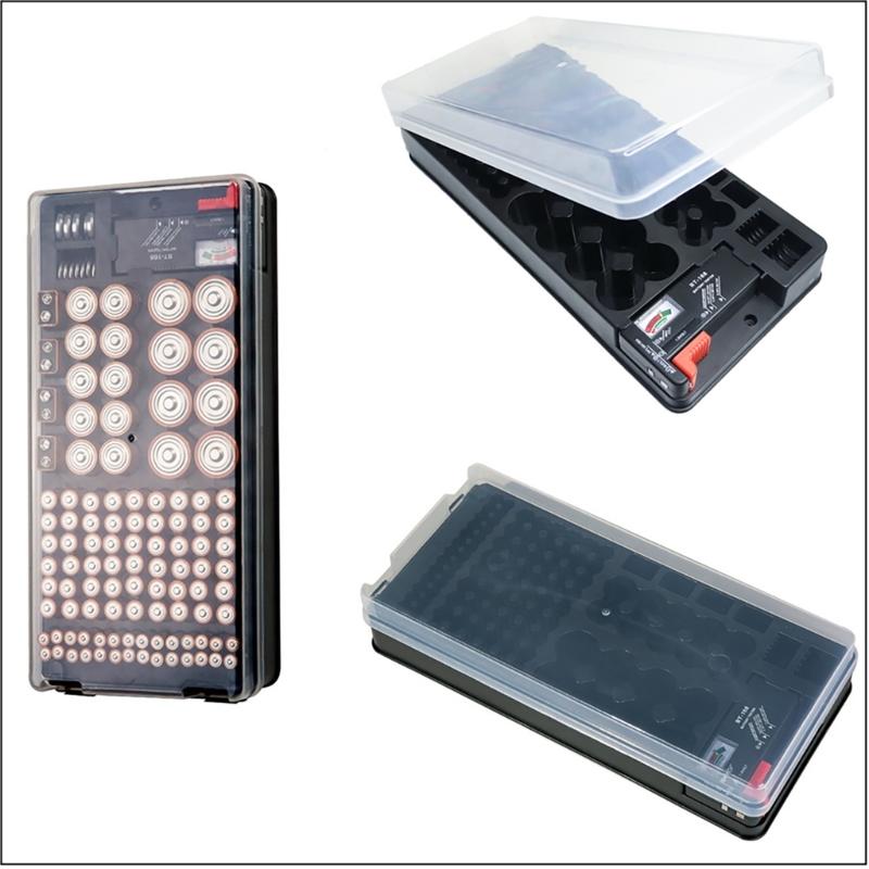Battery Storage Box Featuring Integrated Power Tester Adjustable Partitions 116 Grid Transparent Cover