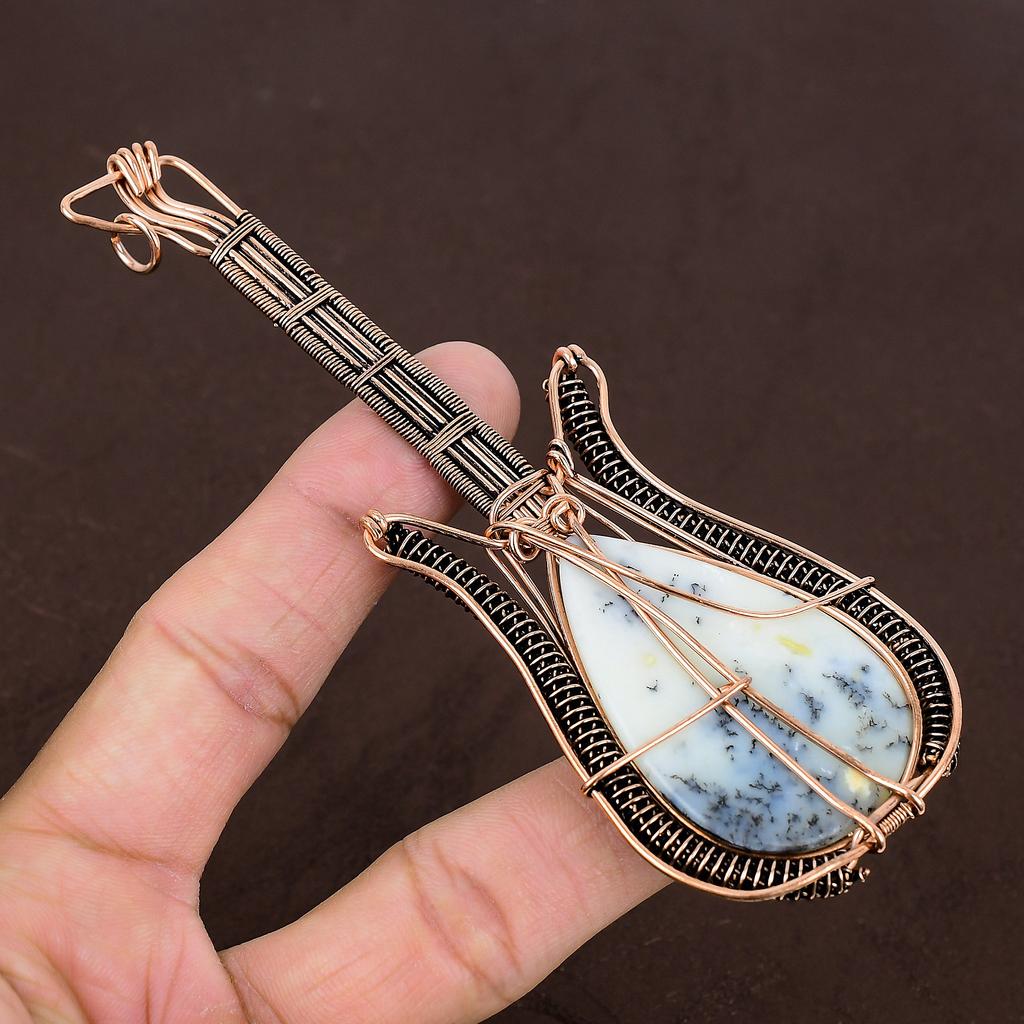Dendrite Opal Handmade Copper Wire Wrap Guitar Pendant 4.53" O0i59