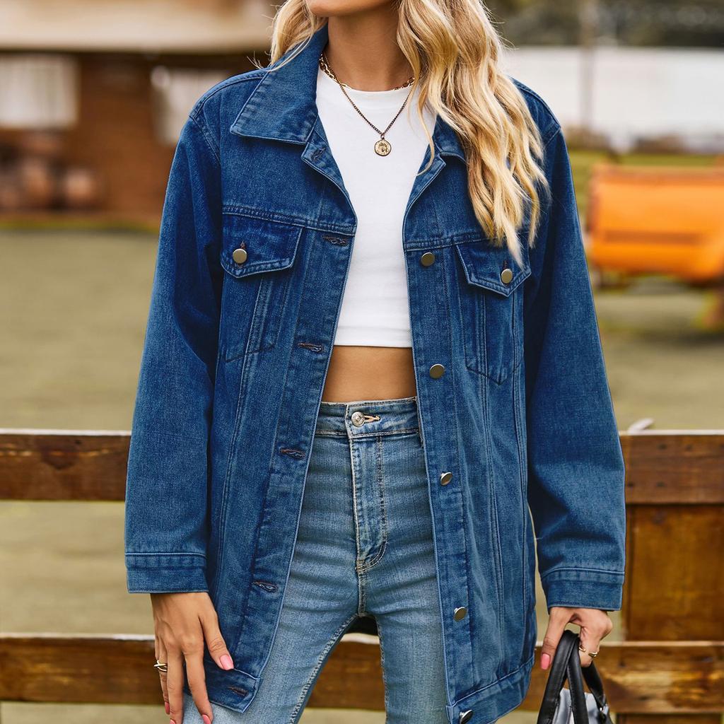 Women's Fashionable Versatile Classic Retro Solid Color Lapel Long Sleeved Pocket Loose Denim Jacket