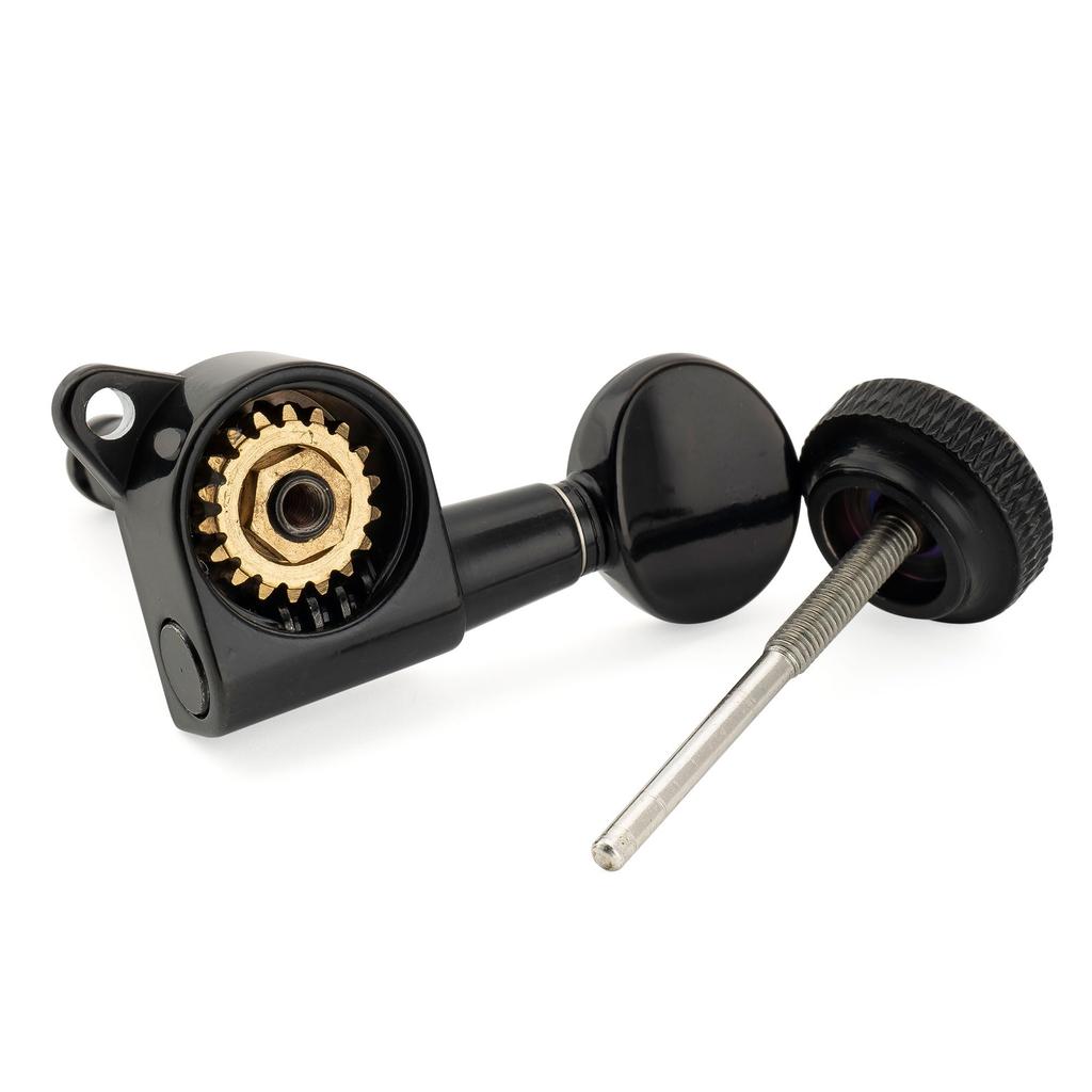 Musiclily Pro Locking Gear Vintage Oval for Stratocaster and Telecaster Electric Black Left-Handed 6-In-Line Tuners, 181 Ratio, Buttons, 45-Degree