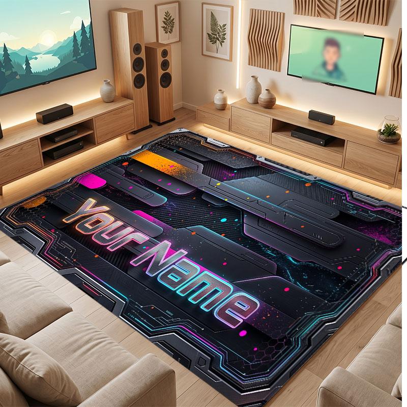 City Cyberpunk Theme Crystal Velvet Floor Rug Personalized Custom Name Text Warm Carpet Home Decoration
