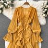 YYFS Women's Fashion Spring Fall Solid Color Print Long Sleeve V-Neck High Waist Casual Dresses