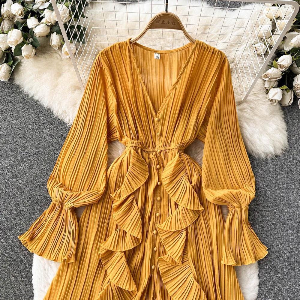 YYFS Women's Fashion Spring Fall Solid Color Print Long Sleeve V-Neck High Waist Casual Dresses