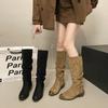 But Knee Pleated Boots Women's 2025 New British Style Fashion Temperament Western Cowboy Boots Thick Heel Knight Boots