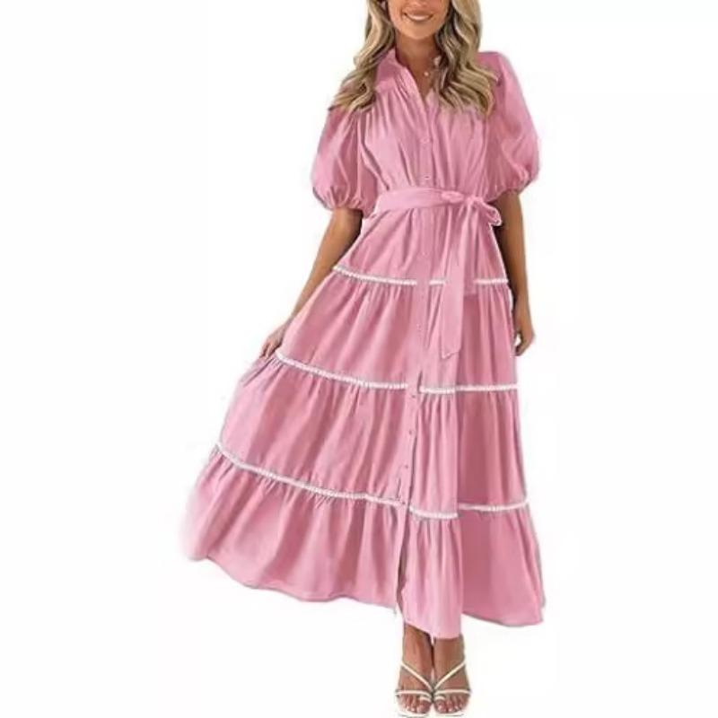 Elegantes Damen-Hemdkleid mit Rüschen in Übergröße, lockerer, plissierter Verband, Puffärmel, kurze Ärmel, Sommerkleid mit Knöpfen, modische Party-Prinzessinnenkleider 1078