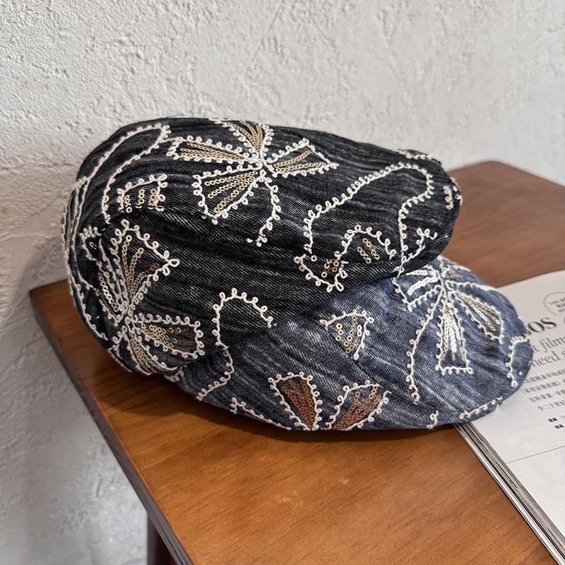 Bestickte Blumen-Denim-Baskenmütze Mit Sonnenschutz Für Frühling Sommer Modeaccessoires
