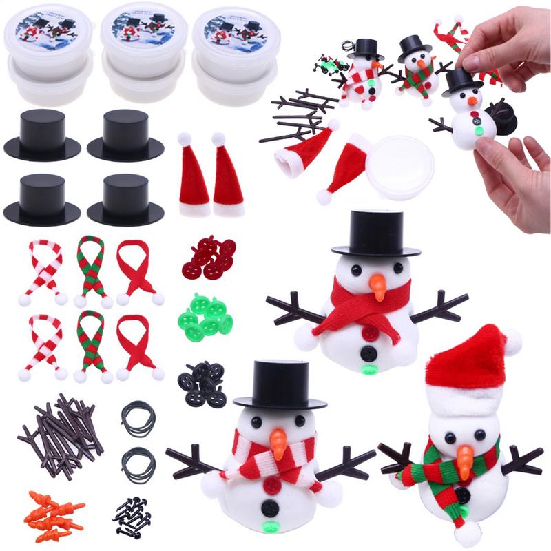 DIY Christmas Snowman Kit Carrot Noses Tiny Buttons Mini Black Red Magician Hats Trigeminal Hand Air Dry Clay Modeling Crafts