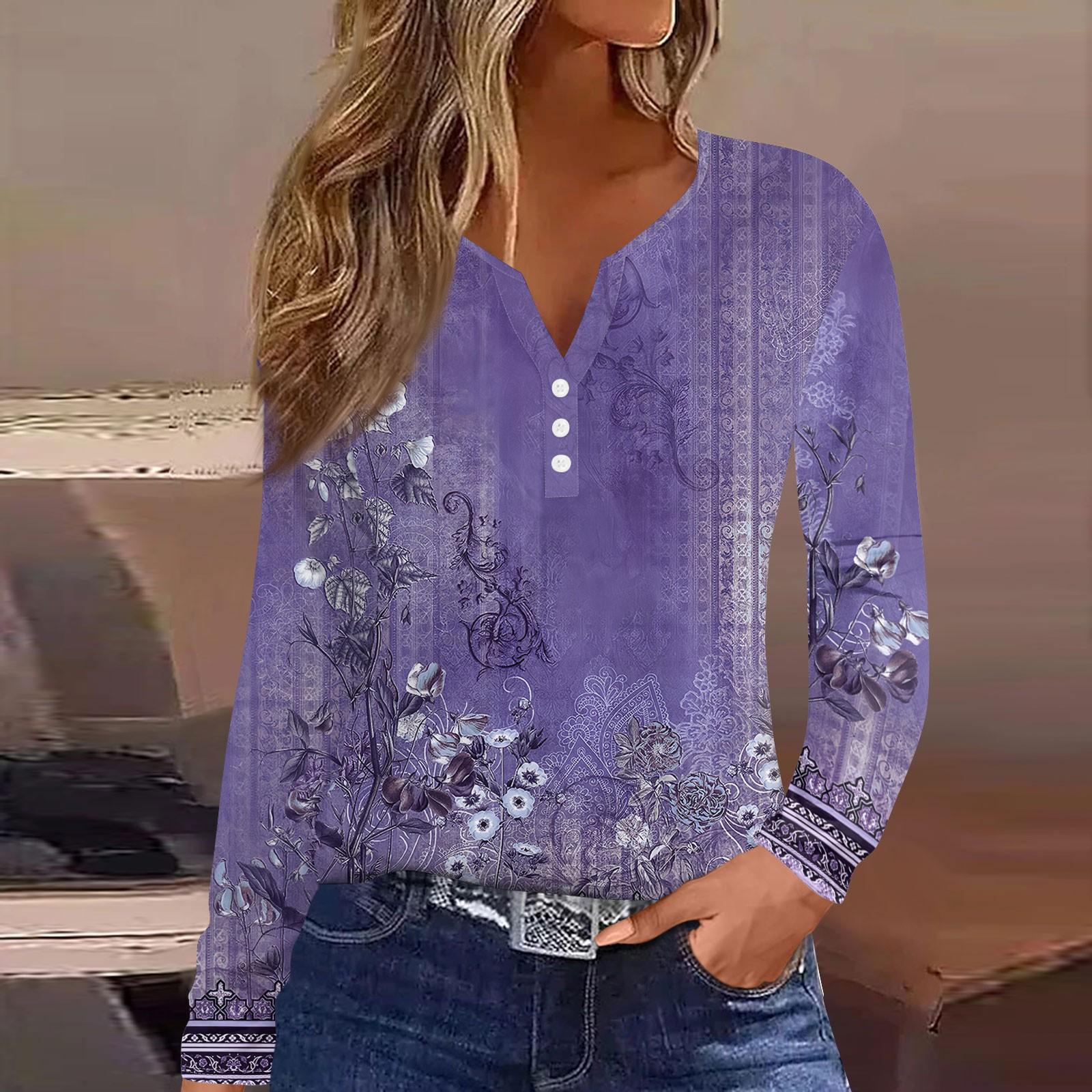 

Женская модная повседневная футболка с v-образным вырезом и цветочным принтом, длинный рукав, декоративная пуговица, топ S фиолетовый