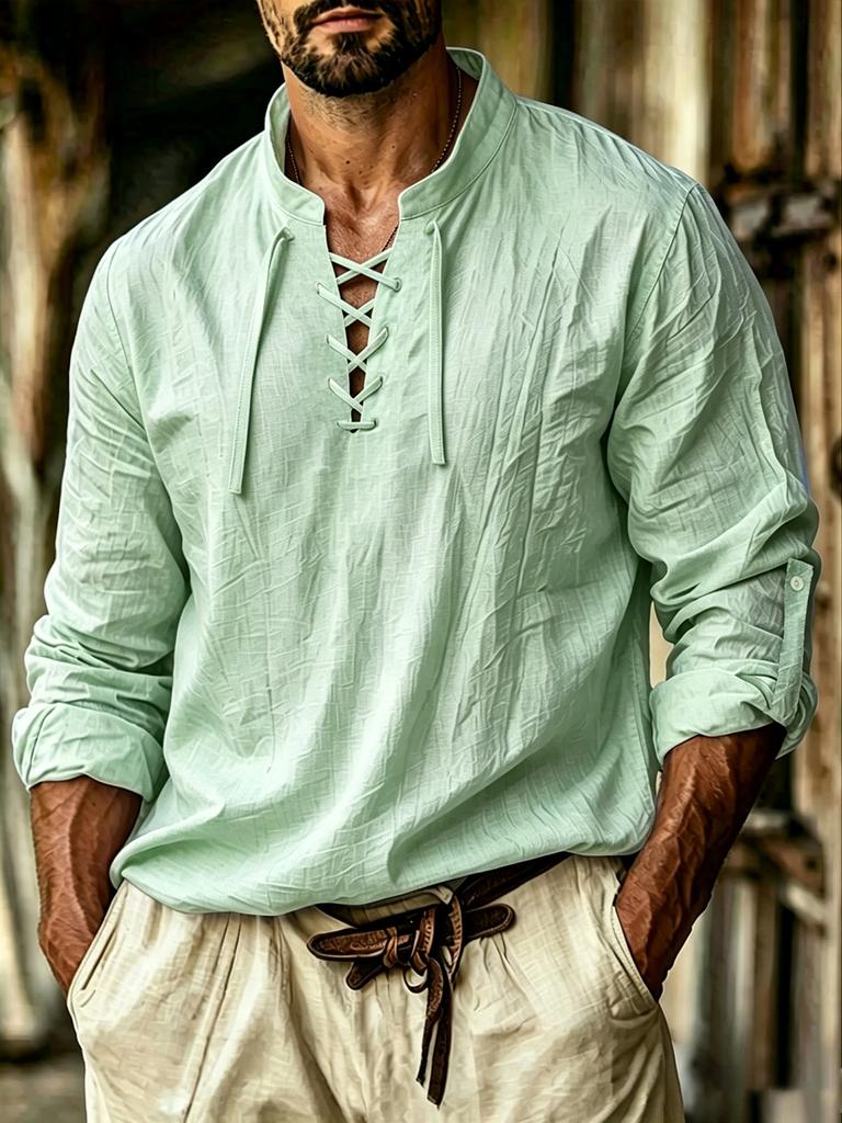 Men's White Lace-Up V-Neck Long Sleeve Shirt - Lightweight Casual Resort Top for Summer Holiday