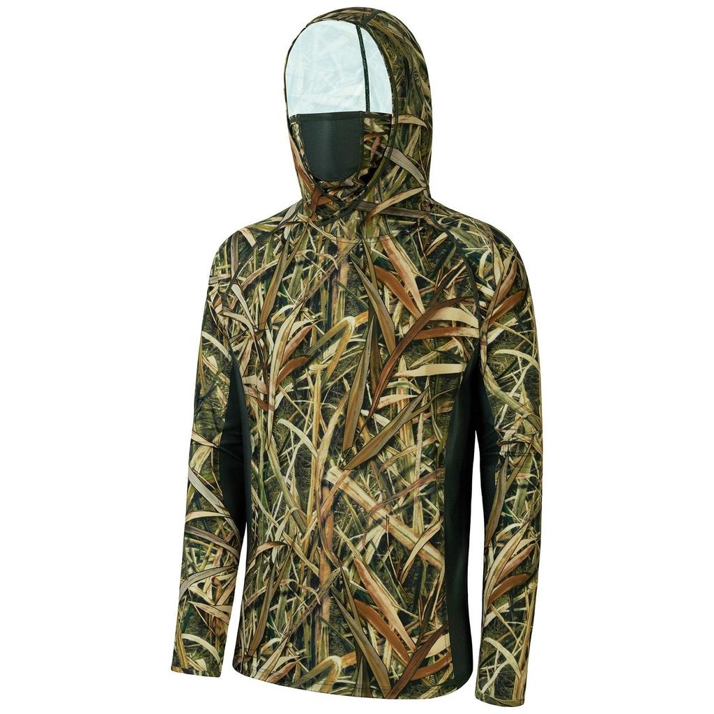Men Forest Leaf Camo Anti‑UV Fishing Hoodie With Face Mask UPF50+ Quick Dry Breathable Long Sleeve Fishing Hunting Clothing