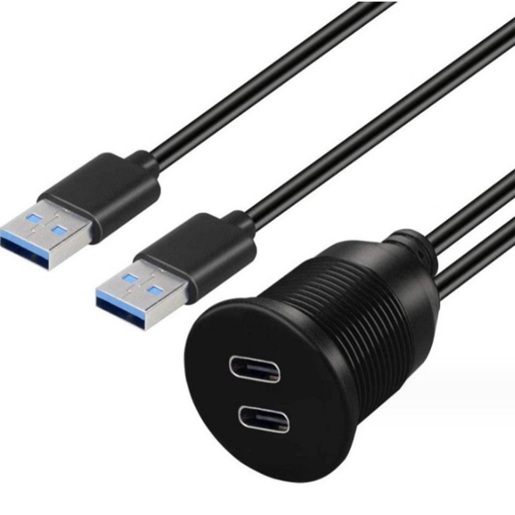 Double USB 3.0 To Double Type C Chargers for Multiple Devices Waterproof Extension Cable Panel Mount for Secure Vehicle Use