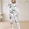 Women Plus Size White Hockey Printed Round Neck Long Sleeve Top And Pants Two Piece Set