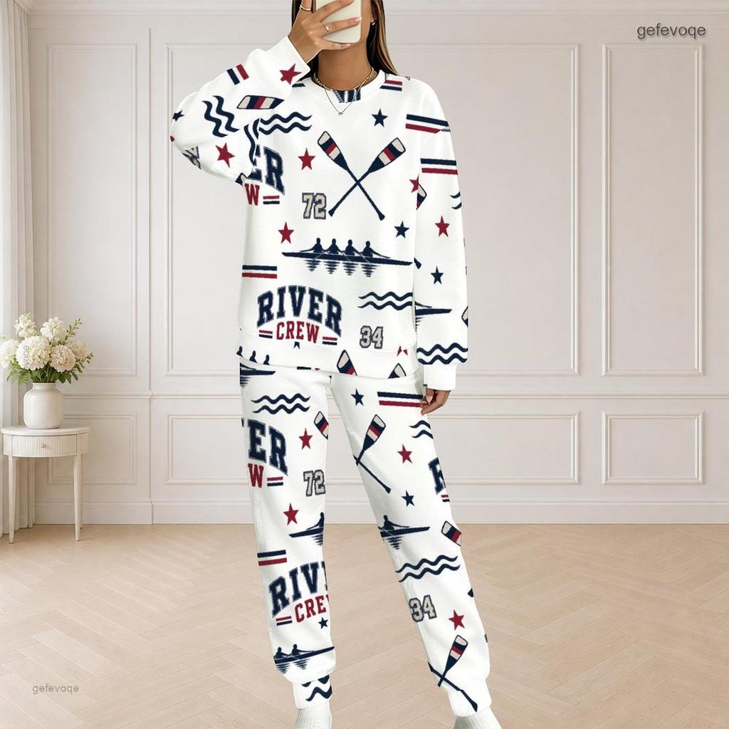 Women Plus Size White Hockey Printed Round Neck Long Sleeve Top And Pants Two Piece Set