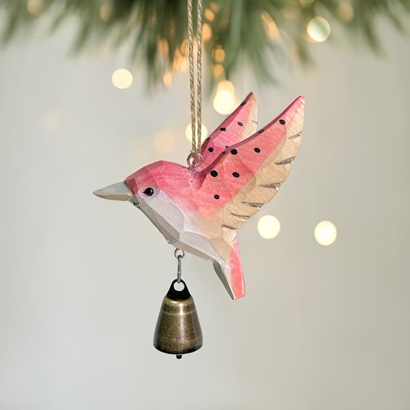 Hand-Carved Wooden Hummingbird Figurine with Bell Handmade Bird Art Carved Small Animal Garden Statue Mini Wildlife Sculpture