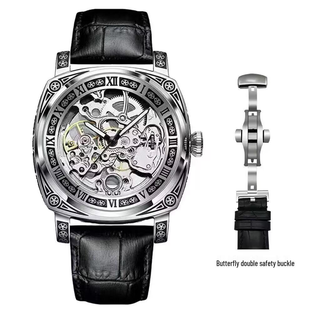 Herren Skelett Automatische Mechanische Uhr, Geprägtes Edelstahl