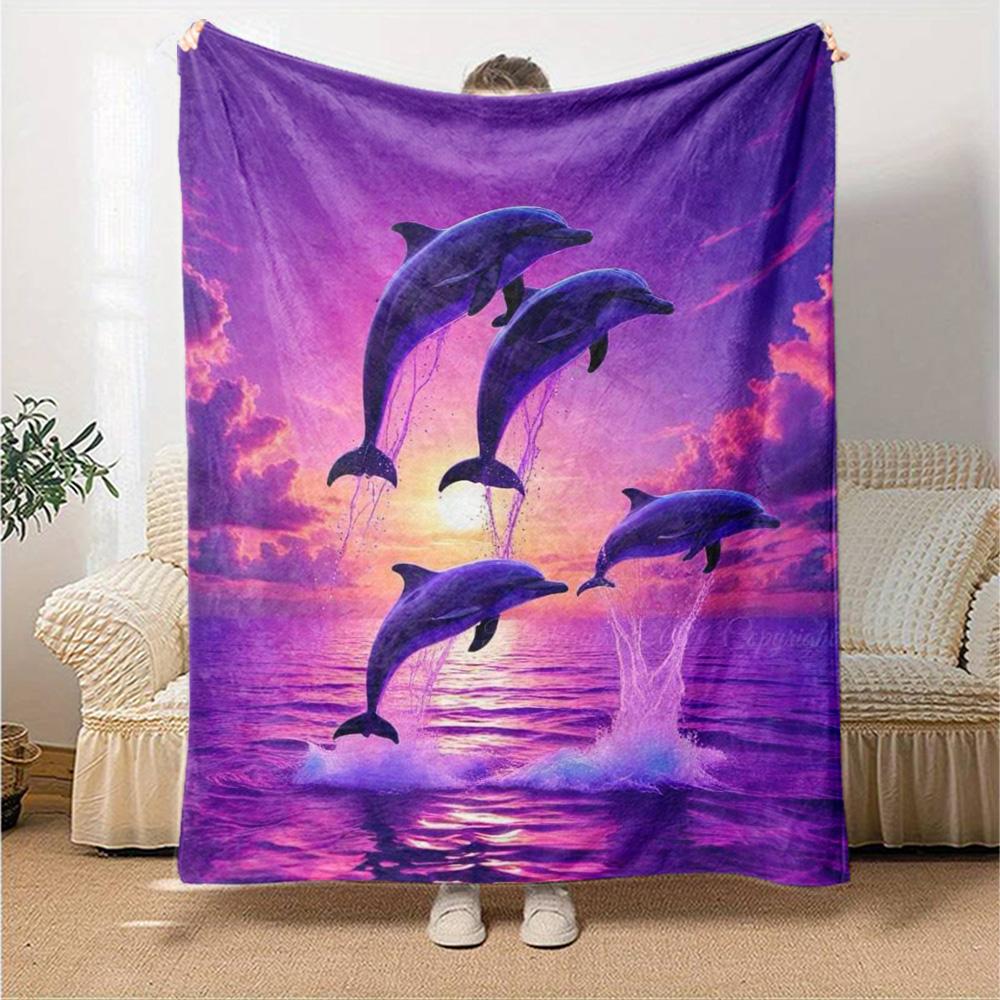Jumping Dolphins Purple Sunset Ocean Seascape Print Flannel Blanket Marine Wildlife Throw Blanket Soft Cozy Home Sofa Bed Decor