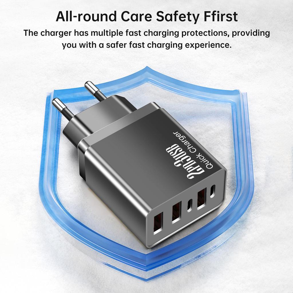 Fast Charger for Android & Apple - 3 USB + 2 Type-C Ports, Compatible with UK, US, EU.
