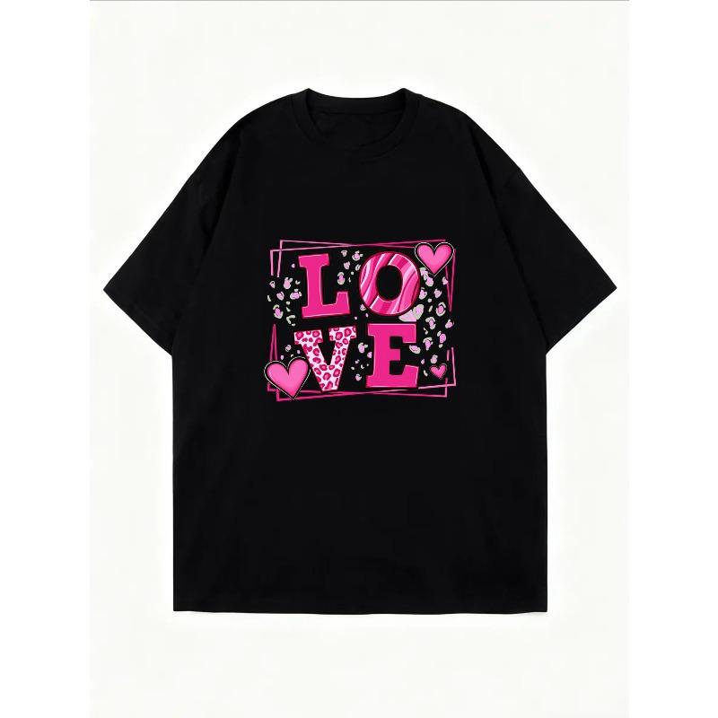 Cotton T Shirt White Love Pink Heart Leopard Print Design For Valentine Day Casual Wear