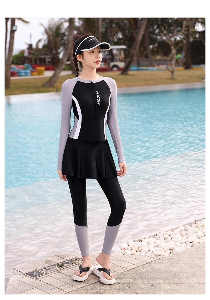 Women's Three-Piece Swimsuit: 2026 Sun Protection with Long Sleeves & Pants for Diving & Hot Springs.