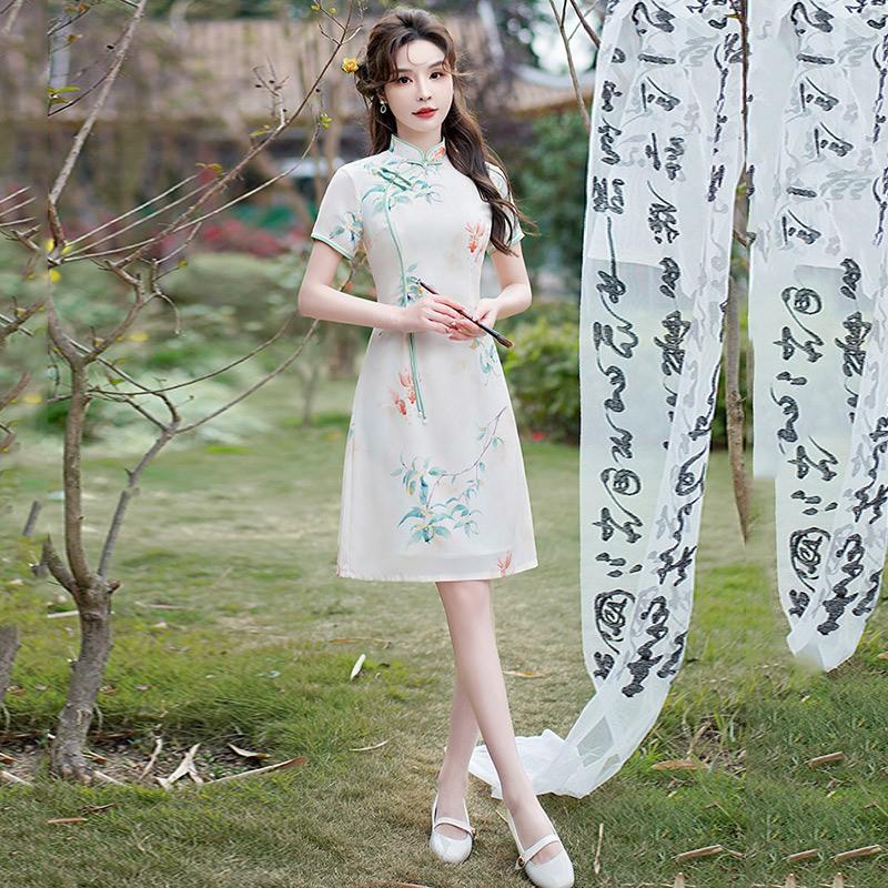 Short Vintage Chinese-Inspired Dress Women Round Neck Sleeveless-Style Midi With Rolled Hem