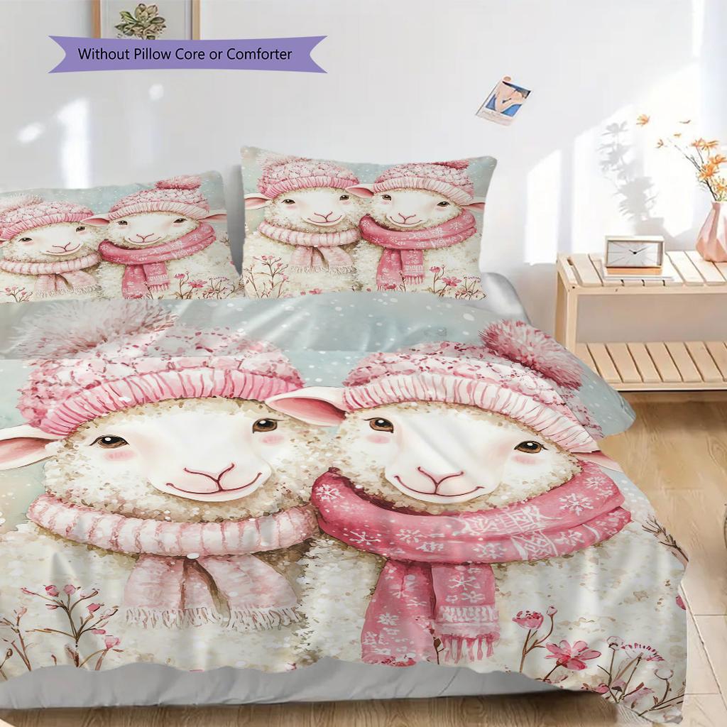 Sheep and Puppies Pattern Bedding Quilt Set Quilt Cover Pillowcase Home Decoration Birthday Gift (1 * Duvet Cover + 2 * Pillowcase, Without Core)