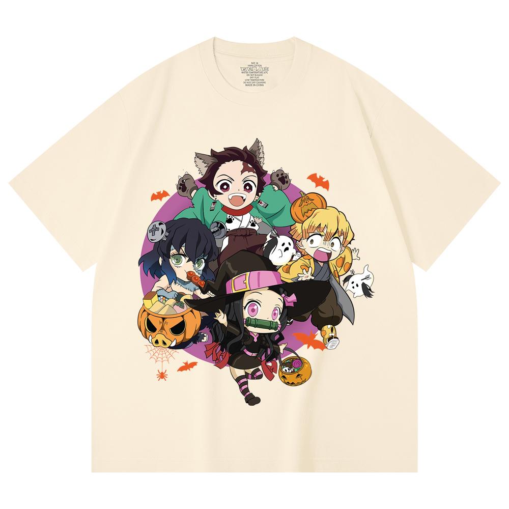 

230 Gsm 100% Cotton Demon Slayer V111 Halloween Print Unisex Heavy Cotton T Shirt XS абрикосовый